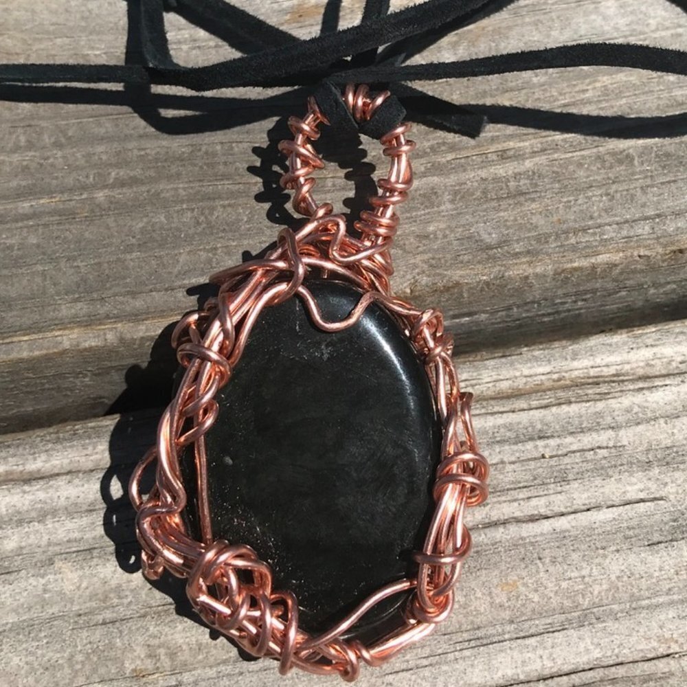 Black Obsidian Solid Copper Pendant Leather Necklace Handmade Artisan Wire Wrap